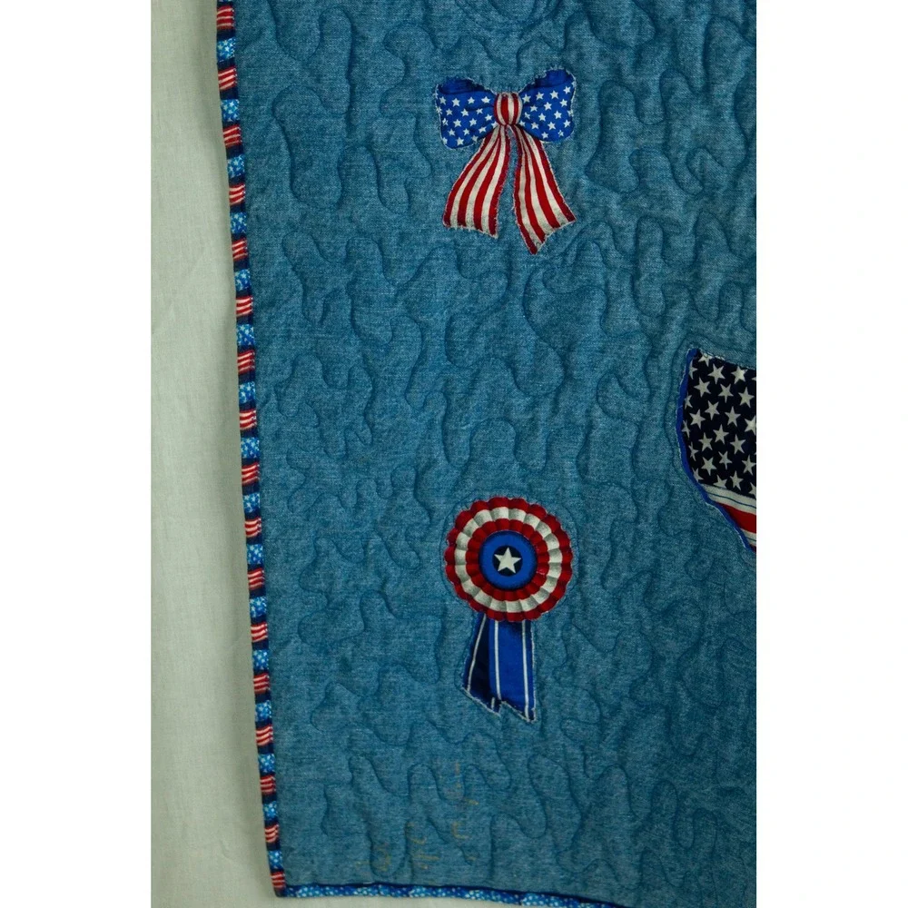 Handmade Patriotic Denim Quilt Americana USA Stars Kids Throw Applique 34 x 41